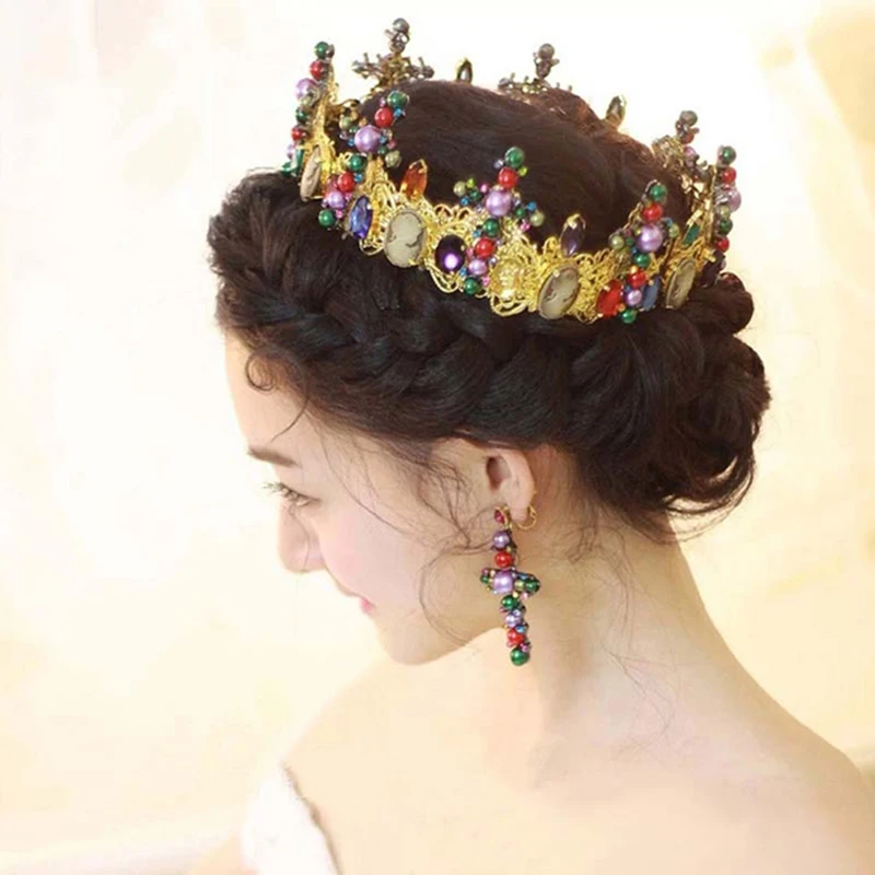 Красочная корона в стиле барокко свадебные аксессуары для волос Золотые Свадебные короны с серьгами жемчужные наборы свадебных ювелирных изделий