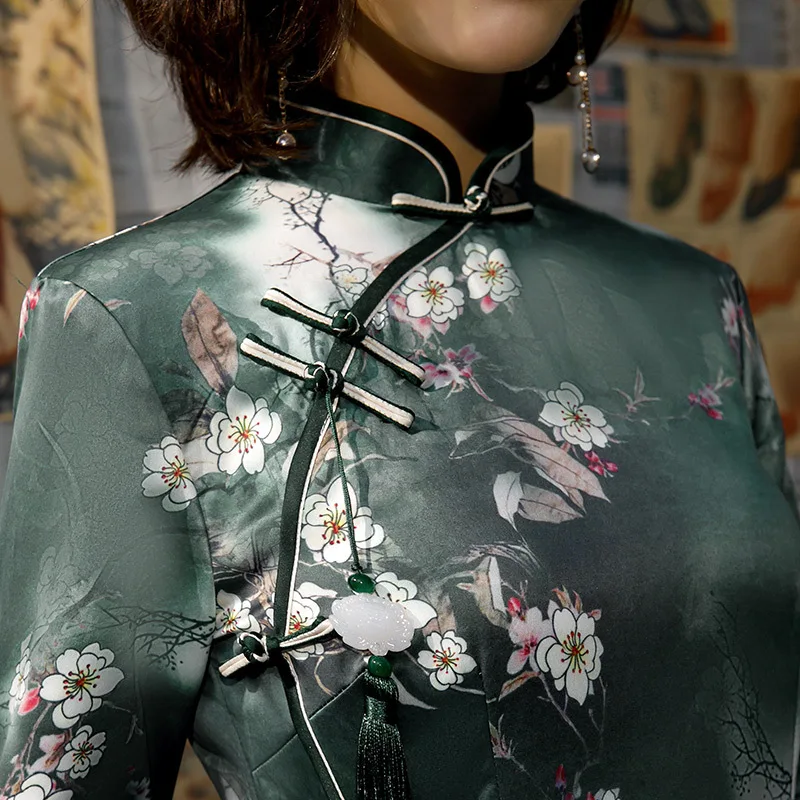 Большие размеры 3XL 4XL зеленое осеннее Новое Винтажное с длинным рукавом Cheongsam сексуальное женское официальное длинное платье с цветочным принтом атласное Qipao