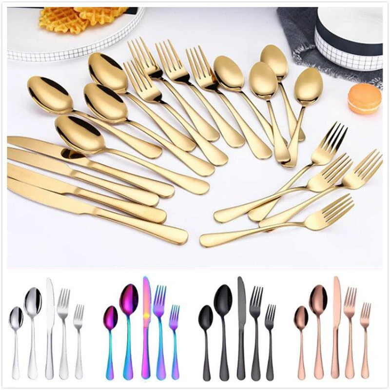 5pcs Cutlery Set Western Food Stainless Steel Steak Knife Tableware Gold-plated Gift Spoon/Fork/Knife Kit Dinnerware | Дом и сад