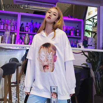 

Hoodies Hooded Women Harajuku Fake Two-piece Chic Printing Loose Pullover Trendy Womens Sweatshirts Korean Style Students Casual