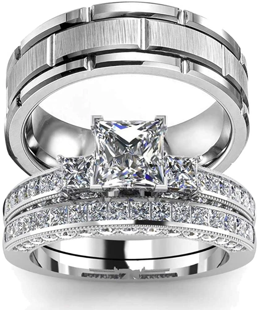 2021 Couple Rings Women Exquisite Rhinestones Zirconia Rings Set Simple Stainless Steel Men Ring Fashion Jewelry For Lover Gifts