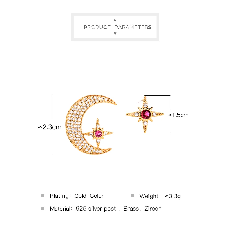 Gold Color Moon& Star Stud Earrings Luxury Red Zircon Allergy Free Dedicate Earrings For Women Fashion Jewelry New Arrival