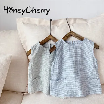 

Girls' Plaid Linen Cotton Vest Shirt In Summer Baby Girl Blouse Girl Clothes