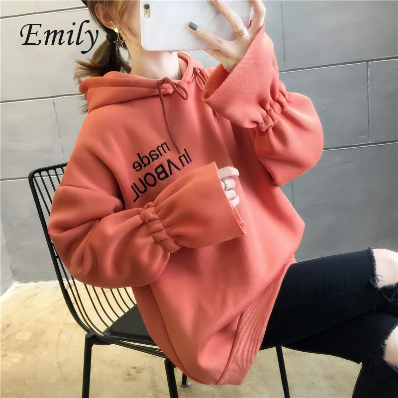 

2020 Autum Winter New Korean Style Letter Printing Loose Large Size Stripes Fake Two Hooded Plus Velvet Thick Sweatshirts Women