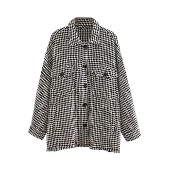 

Autumn 2019 women's new long sleeve Lapel wide edition burr trim coat thousand bird Plaid soft tweed shirt coat 08793140093