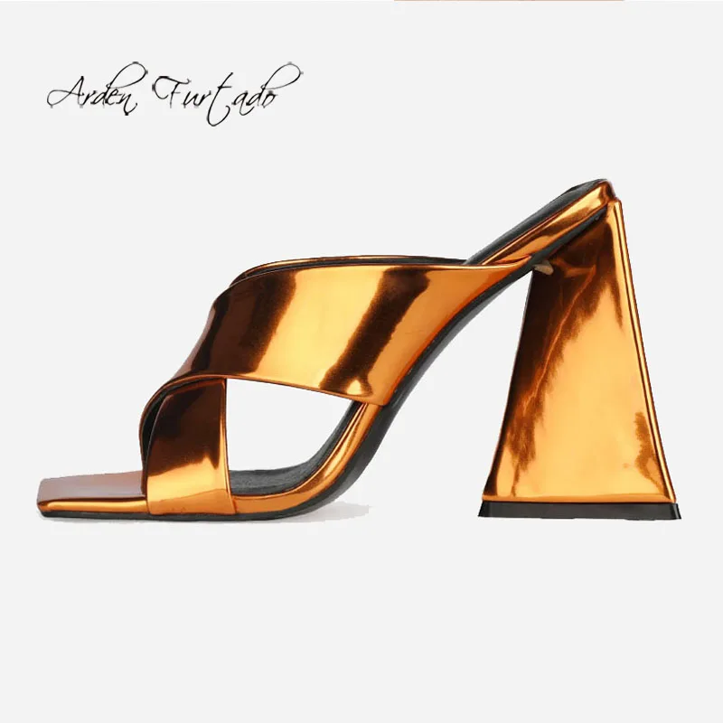 

Arden Furtado Summer Fashion 2021 Women's Shoes Sexy Square Head Elegant gold silver green Slippers Chunky heels Big size 43 45