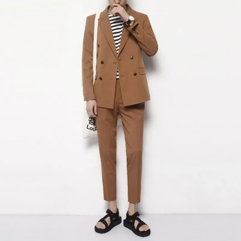 

2020 New Arrival Brown Men 's Slim Casual Suit Two - piece Suit British Business Wedding Double - breasted Male Prom Groom