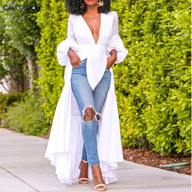 

Women Long Sleeve Lantern Sleeve Asymmetrical Hem Wrap Belt Shirt Dress Ankle-Length Plunge V-neck Fashion Spring Fall Dress