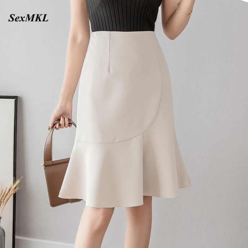 Faldas negras elegantes mujer, ropa Coreana de cintura alta, a la moda, hasta la con volantes, falda de Oficina japonesa por debajo de la rodilla, 2022|Faldas| - AliExpress