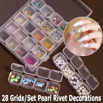 

28 Grids/Set 3D Nail Art Decorations Box Mixed Rivets Pearls Shell Crystal Rhinestones DIY Nail Jewelry Box For Nail Accessories