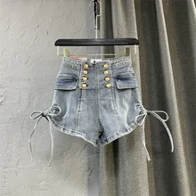Coffee Shorts Women High Waist Drawstring Double Breasted Denim Short 2021 Autumn and Winter New Slim Outerwear Wide-Leg