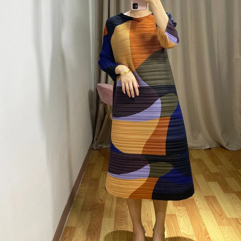 MIYAKE Плиссированное осеннее Новое свободное большое геометрическое цветное ТРАПЕЦИЕВИДНОЕ длинное платье