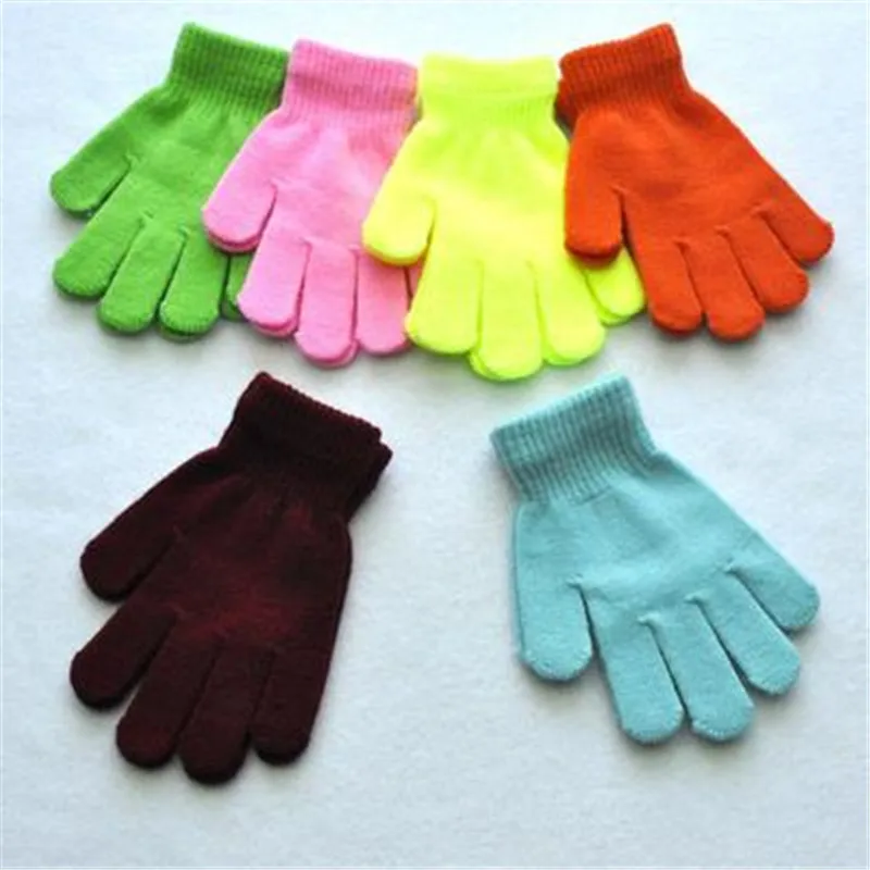 Теплые зимние перчатки на палец для детей милые однотонные шерстяные вязаные эластичные перчатки Модные аксессуары-QSD