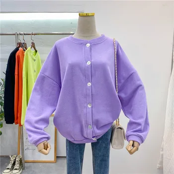 

New Fall Crewneck Cotton Women's Sweatshirt 2020 Korean Simple Zip Up Button Jacket Coat Female Loose Oversize Sweat Top