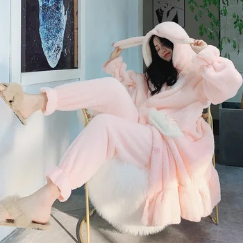 

Love pajamas coral fleece thick long-sleeved cardigan pajamas girls Korean cute rabbit ears hooded bathrobes warm tide