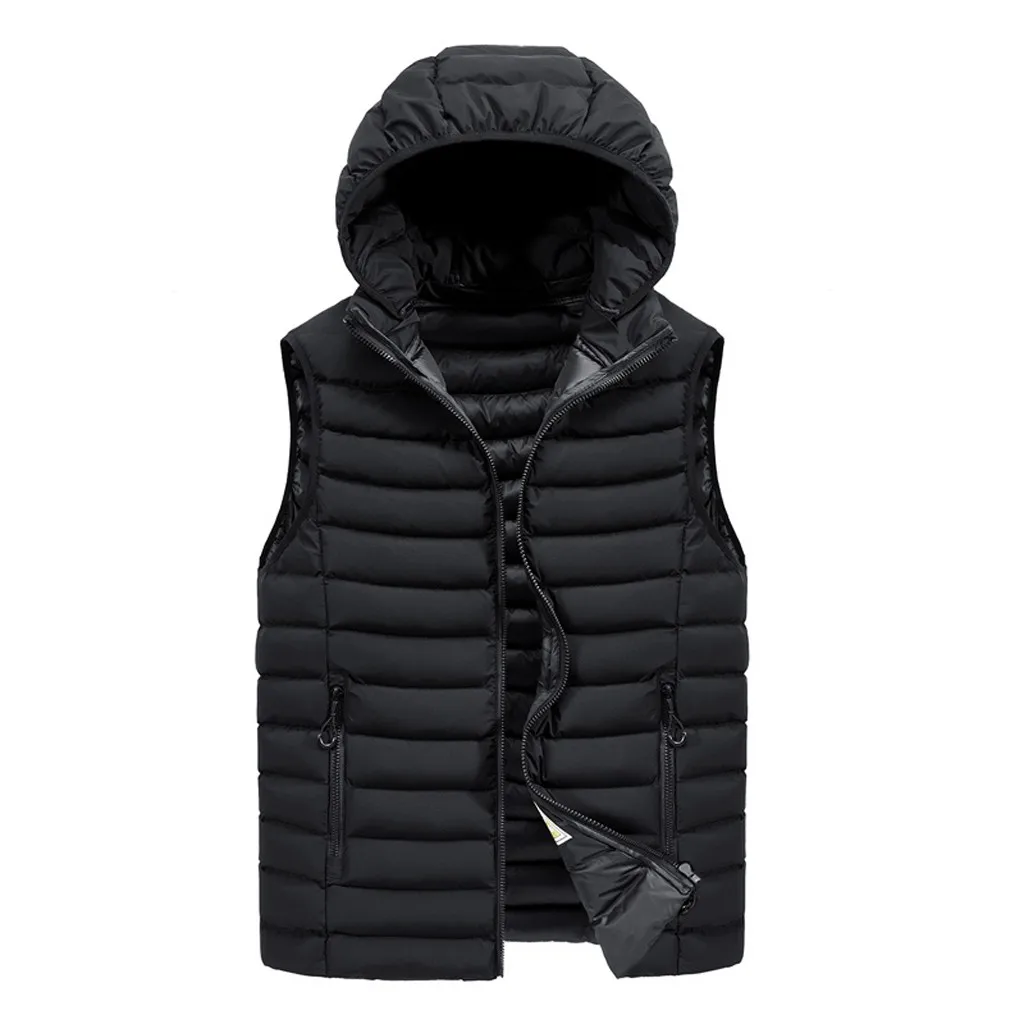 Tide мужской однотонный жилет с капюшоном куртка осень зима молния модный жилет с капюшоном без рукавов с хлопковой подкладкой верхнее пальто - Цвет: Черный
