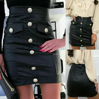 

Women PU Leather Pencil Skirt Ladies High Waist Bodycon Ciub Casual Mini Dress
