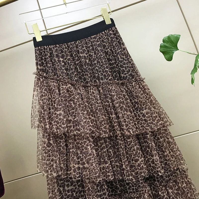 Сексуальные женские юбки с леопардовым принтом и кружевами, Harajuku, повседневные сетчатые газовые весенние и летние тонкие плиссированные юбки в стиле бохо - Цвет: Khaki
