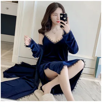 

Navy Blue 2PCS Robe Pajamas Suit Female Velour Kimono Bathrobe Autumn Winter Sleepwear Nightgown Sexy Velvet Home Dressing Gown