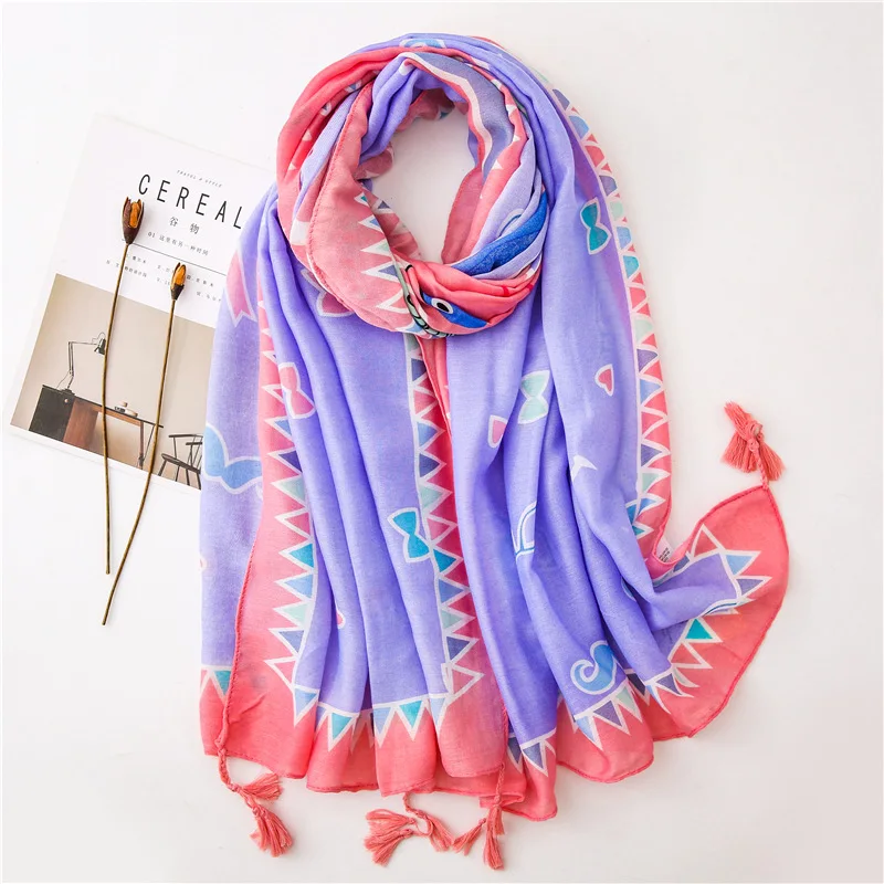 

Ladies Fashion Light Purple Bow Tie Print Tassel Viscose Shawl Scarf Echarpe Foulard Femme Bufanda Mujer Wrap Muslim Hijab Sjaal