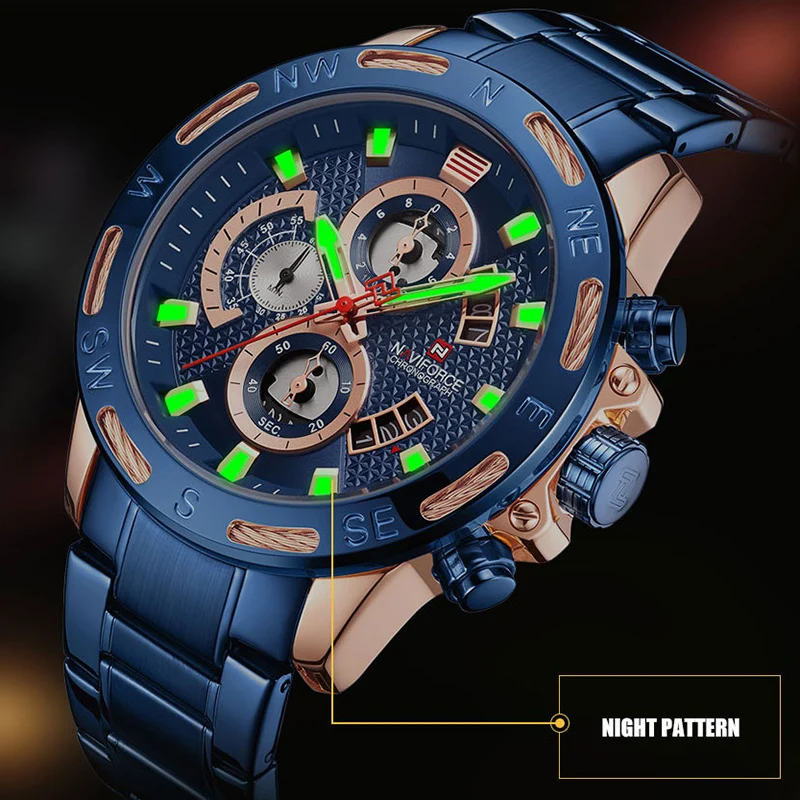 NAVIFORCE, мужские часы, лучший бренд, Роскошные, кварцевые, мужские часы, полный стальной хронограф, часы, водонепроницаемые, мужские часы, Relogio Masculino