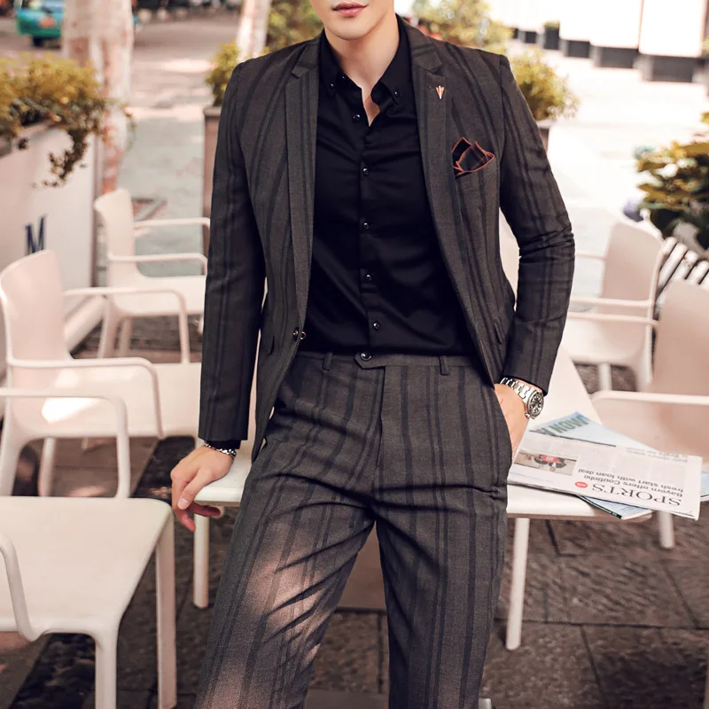 

2019 New Fashion Style Striped Men Suit 2pcs (jacket+pant) High-quality Slim Business Casual Menswear Costume