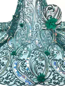 

African Tulle Mesh Lace Fabrics Green 3D Flower Lace with Beads High Quality Sequins Lace Fabrics for Wedding Party Dress NI2018