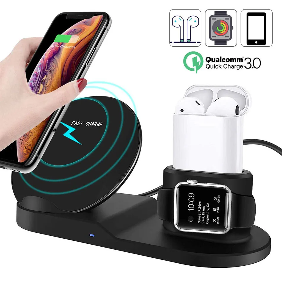 3 in 1 Wireless Charger Stand Qi 10W Fast Charging Dock Station For iPhone XR XS Max 8 11 Pro for Apple iWatch 5 4 AirPods | Мобильные