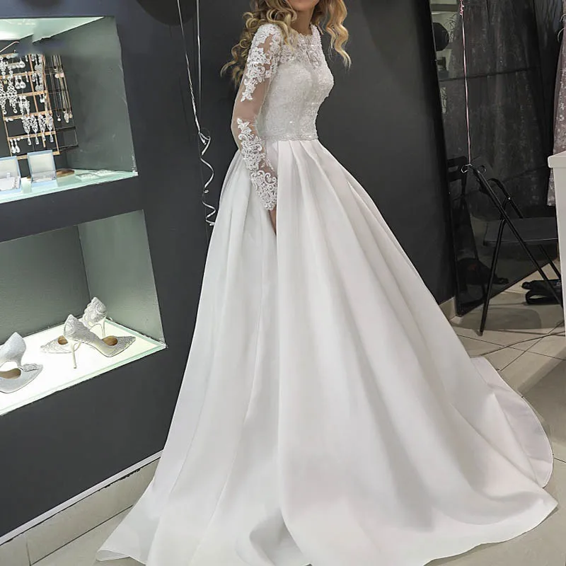 Элегантное атласное свадебное платье с круглым вырезом и длинными рукавами, с коротким шлейфом, Vestidos De Novia, на заказ свадебный наряд, кружевное свадебное платье