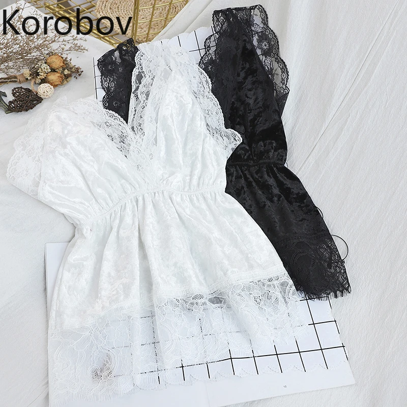 Korobov корейский элегантный кружевной лоскутный женский топ без рукавов