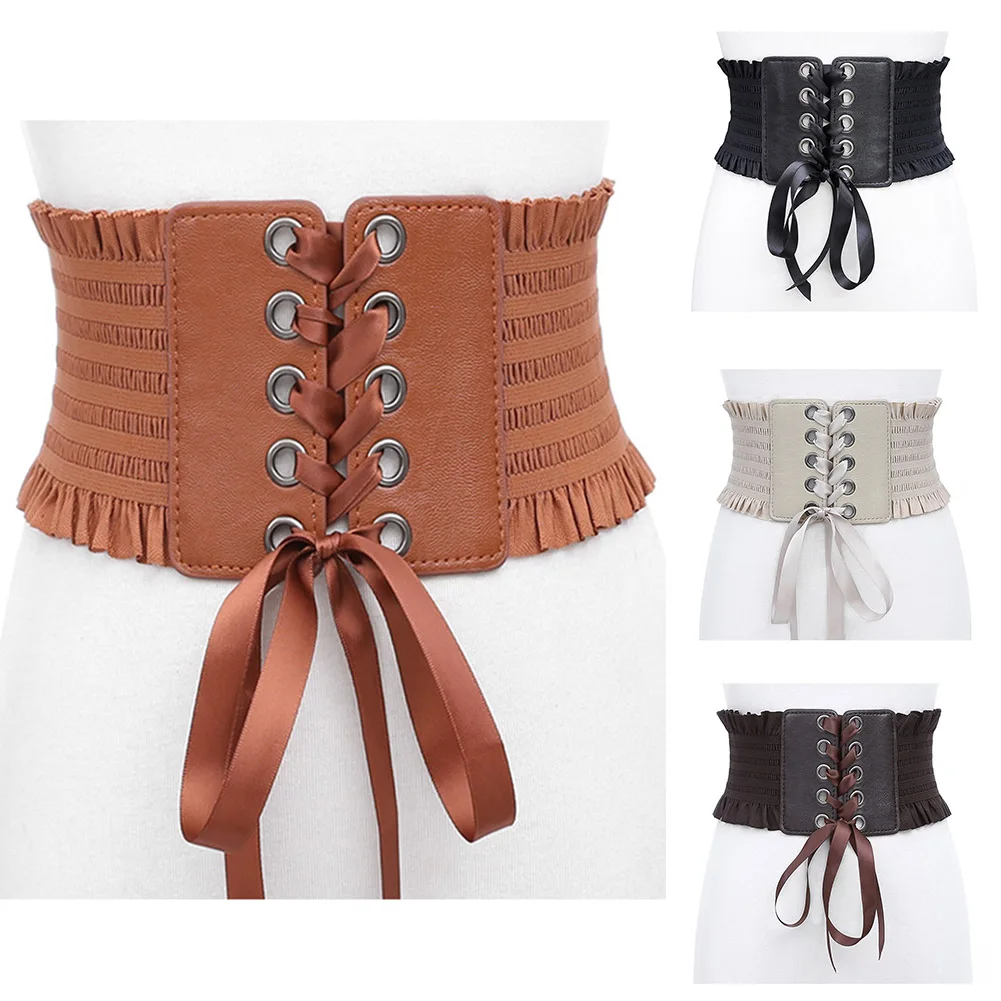 Women's Wide Waist Elastic Buckle Leather Stretch Lace Up Cinch Corset Waistband
