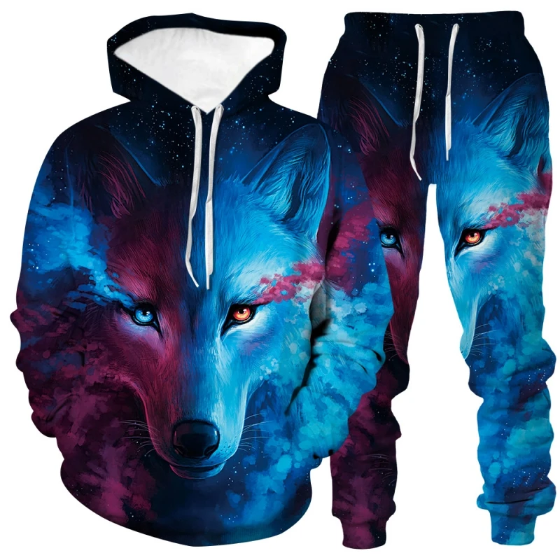 

Different Color Lenses Wolf 3D Printed Hoodies Elastic Waist Pants Set Animal Graffiti Sweatshirt Trousers Casual Clothes Suits
