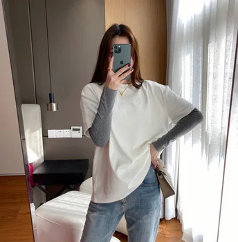 

T-shirt Women Fashion Overlap Fake Two Hit Color Student Korean Harajuku Design Simple And Casual Female Long Sleeve T-shirt