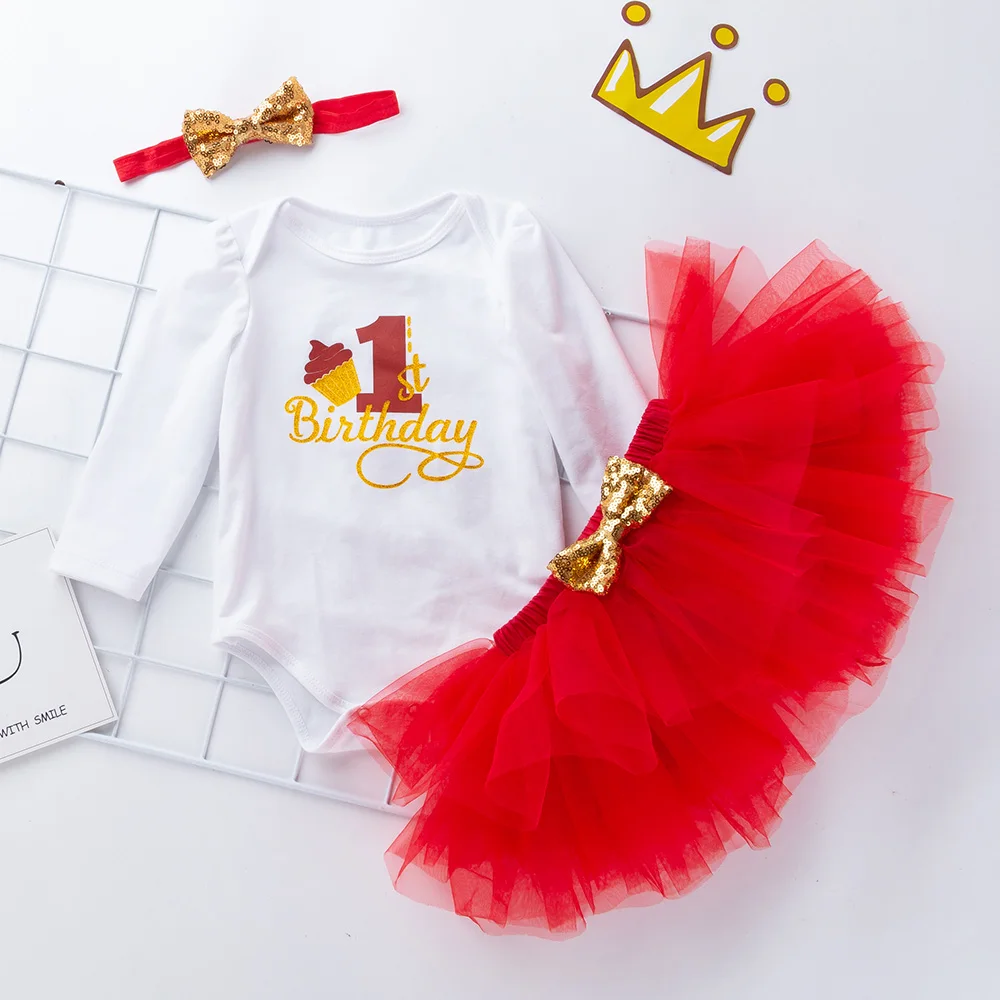 

3 PCS Newborn Baby Girls Long Sleeve Romper Dress Outfit First Birthday Party Customes Cotton Clothing