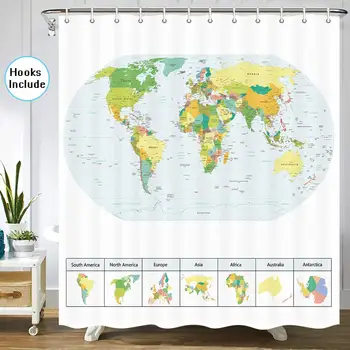 

World Map Shower Curtain for Bathroom, The World Map with Detailed Major Cities Educational Geography Blue Countries The Earth