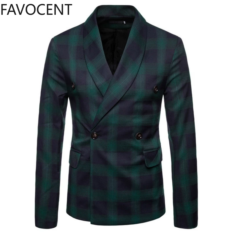 Spring and Autumn New Men's Double-breasted Slim Suit Large Size Casual Plaid Suit Jacket Men's Jacket Smart Casual suit jacket