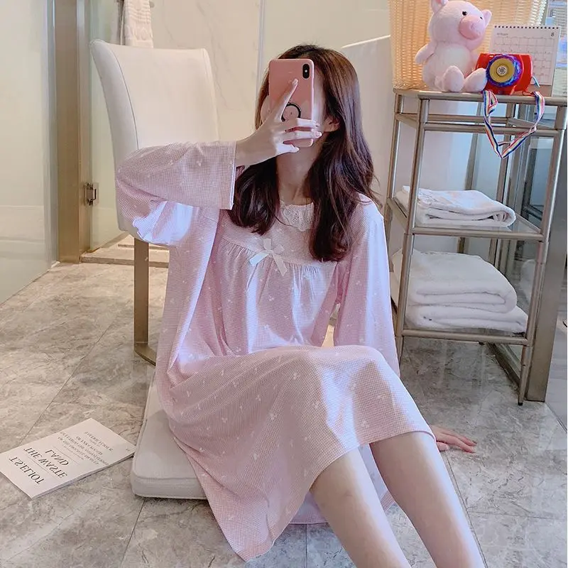Женская одежда для сна с длинными рукавами, корейские пижамы Kawaii, сладкая Ночная сорочка, пижамы для девочек, осенняя ночная рубашка