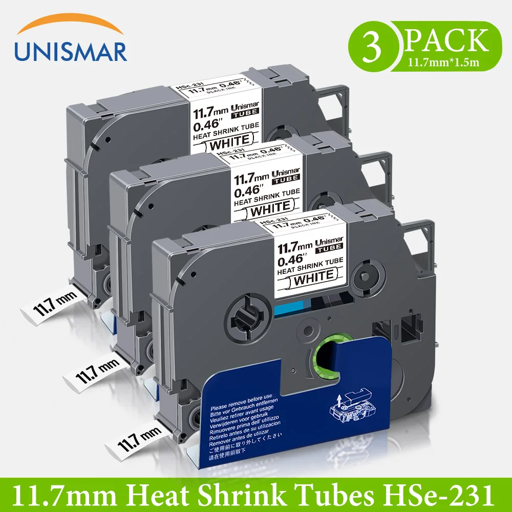 Unismar 3PK HSe 231 кассета терм усадочная трубчатая лента 11 7 мм черный на белом фоне для