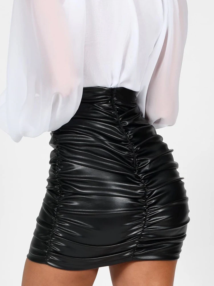 JillPeri, женская кожаная юбка с рюшами, сексуальная, прямая спереди, ультра короткая, наряд, вечерние, Клубная одежда, высокая талия, стрейч, ПУ, Роскошная мини-юбка