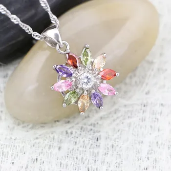 

Silver 925 Flower Pendant Necklace for Women Multicolor Cubic Zirconia White Crystal Wedding Accessories