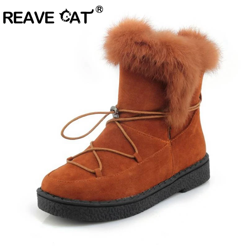 REAVE CAT/женские зимние ботинки; зимние ботинки с натуральным кроличьим мехом; ботильоны на платформе; теплая плюшевая обувь на плоской подошве с круглым носком