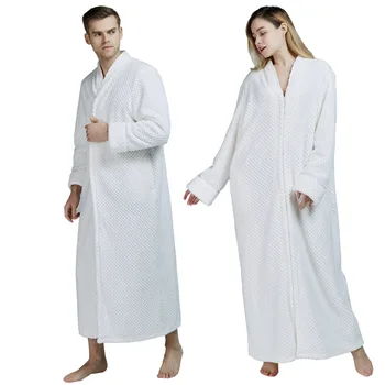 

Exquisite Zipper Flannel Lovers Robe Gown Soft Warm Lady And Men Bathrobe Gown Sleepwear Casual Solid Nightwear Nightgown