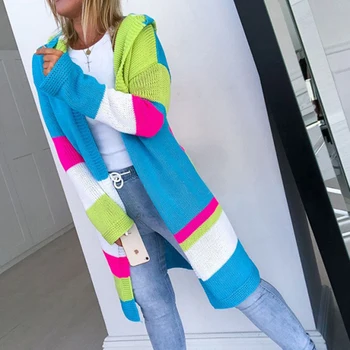 

Women Multicolor Patchwork Hooded Cardigans Casual Long Sleeve Open Front Soft Warm Knitted Cardigan Sweaters Outerwear Coat