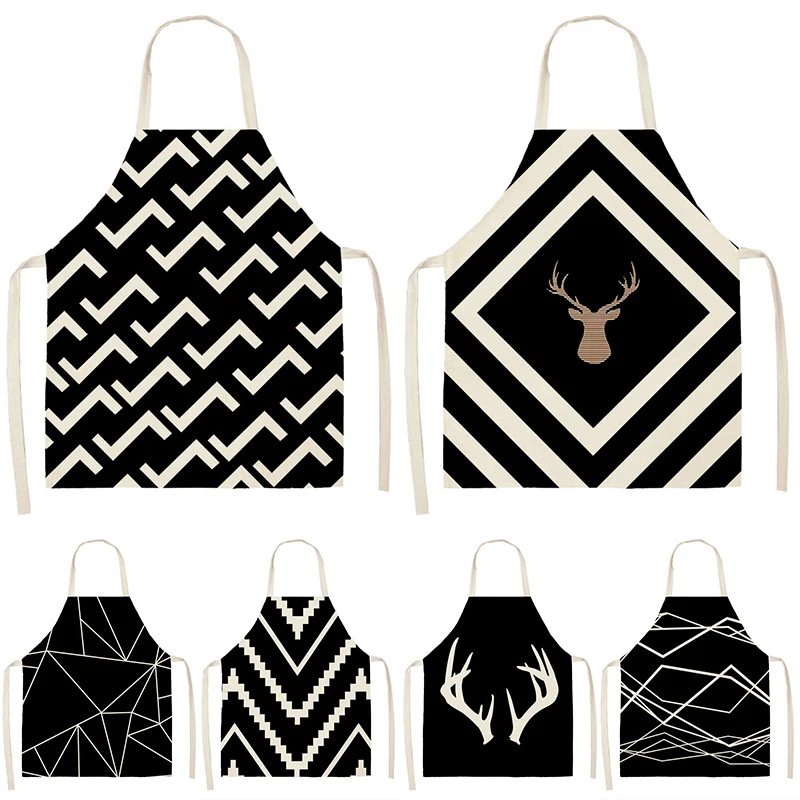 Black Geometric Printed Pattern Kitchen Sleeveless Aprons Cotton Linen Bibs 53*65cm Household Women Cleaning Home Cooking 46493