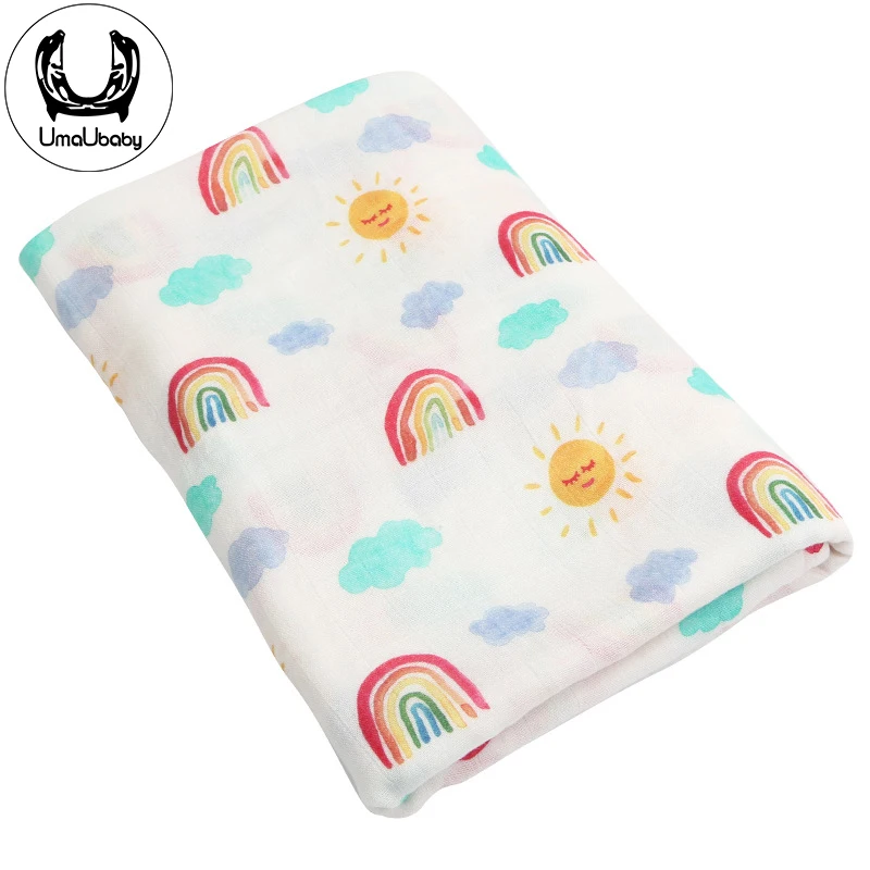 UmaUbaby Baby Blanket Cartoon Soft 70% Bamboo 30% Cotton Infant Printed Blankets Newborn Muslin Swaddle Wrap Rainbow | Мать и ребенок