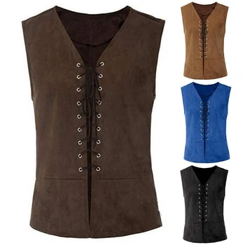 

Vintage Slim Vest Men Retro Belt Chalecos Para Hombre Medieval Punk Gilet Solid Stage Costume Soft Thin Gothic Colete Masculino