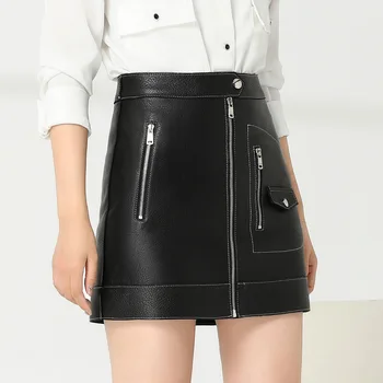 

High Waist Women Mini Genuine Leather Skirt Slim Black Punk High Street Female Short Skirt Spring Autumn Fashion Moto Lady Skirt