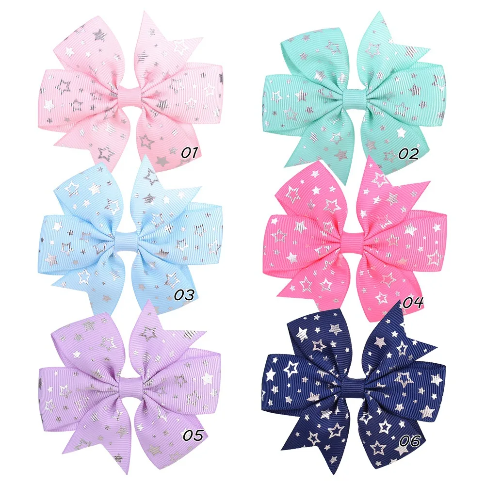 

60 PCS, Silver Star Printed Pinwheel Ribbon Bow Hair Clips, School Girl Boutique Bow Alligator Clips