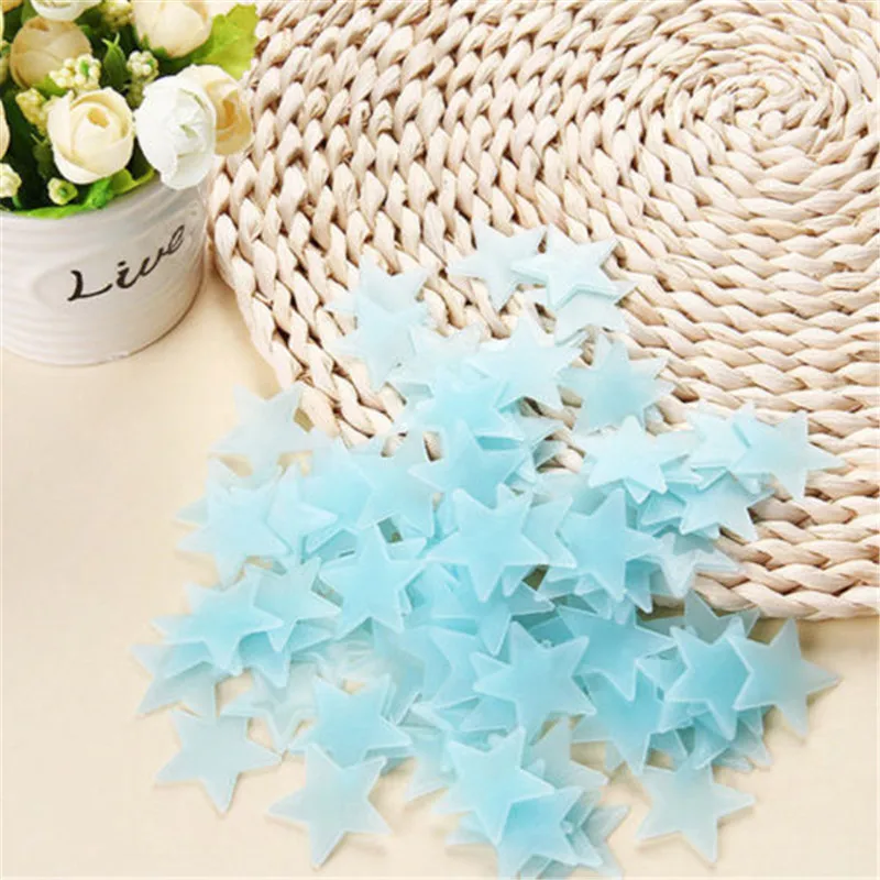 100pcs Glow Star Supplies Children Cartoon PVC Luminous Patch Neon Solid 3D Sticker Star/Moon Home Party Wallsticker
