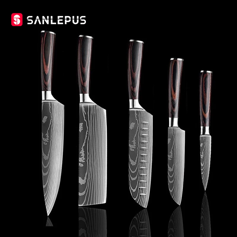 SANLEPUS Chef knife 5 PCS Set Kitchen Knives Laser Damascus Pattern Sharp Japanese Santoku Knife Cleaver Slicing Utility | Дом и сад
